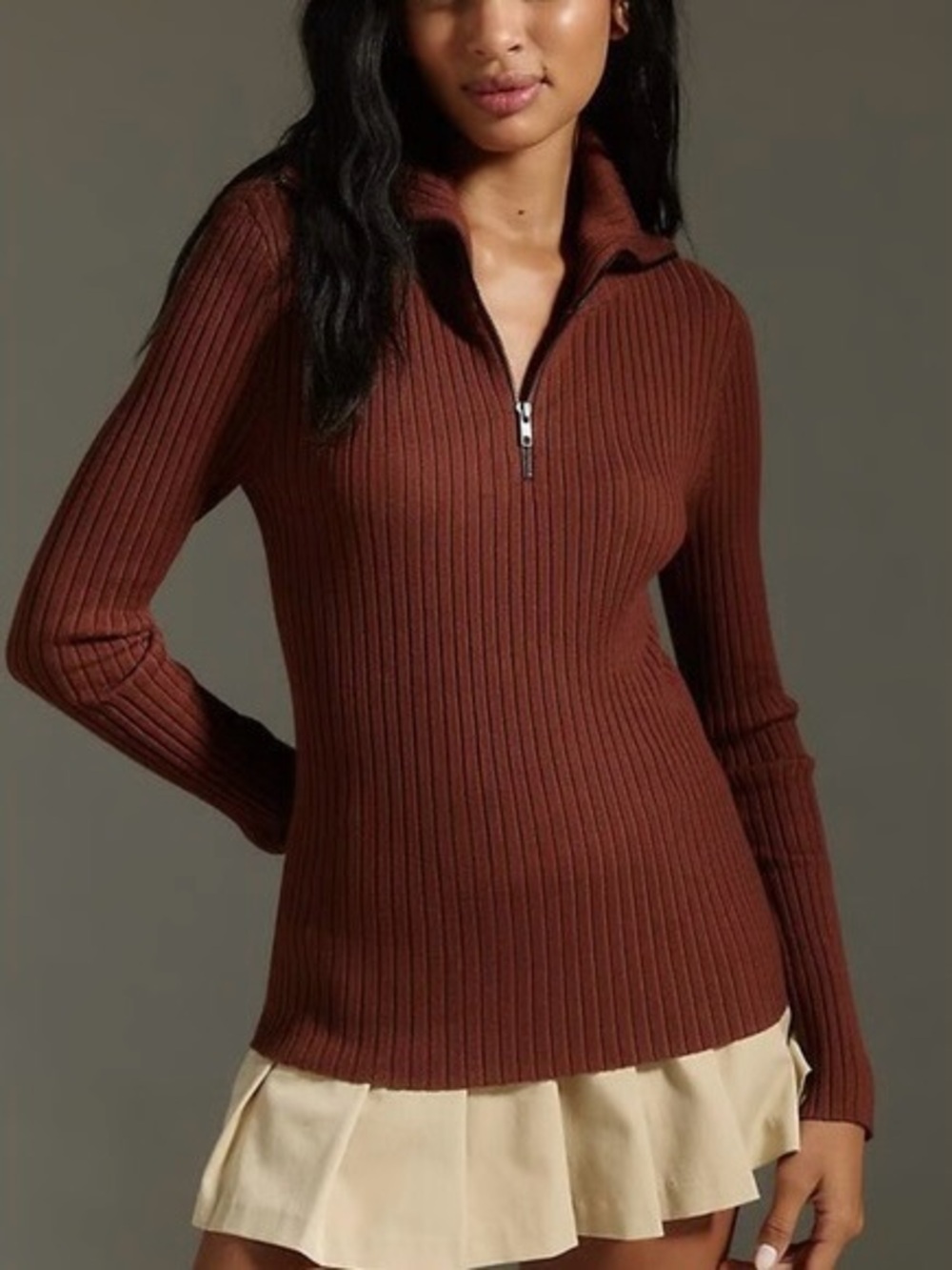 Anthropologie Maeve Fitted Half-Zip Sweater in Brown Size Small